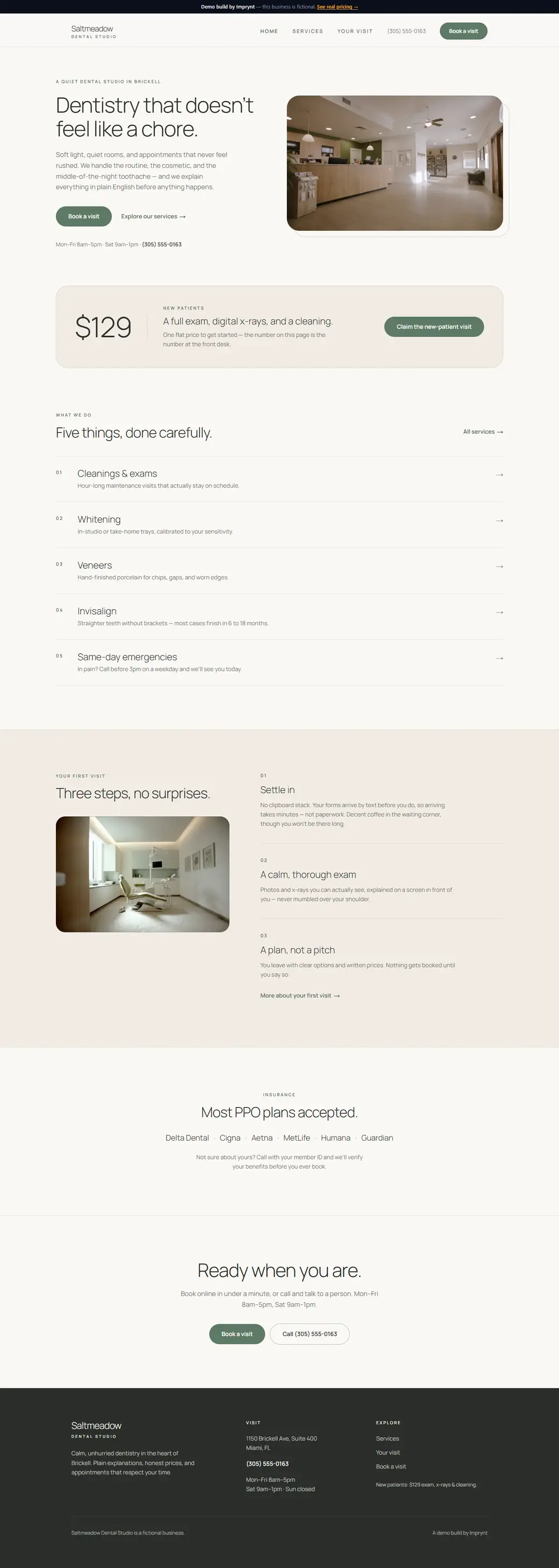 Screenshot of the Saltmeadow Dental Studio demo site